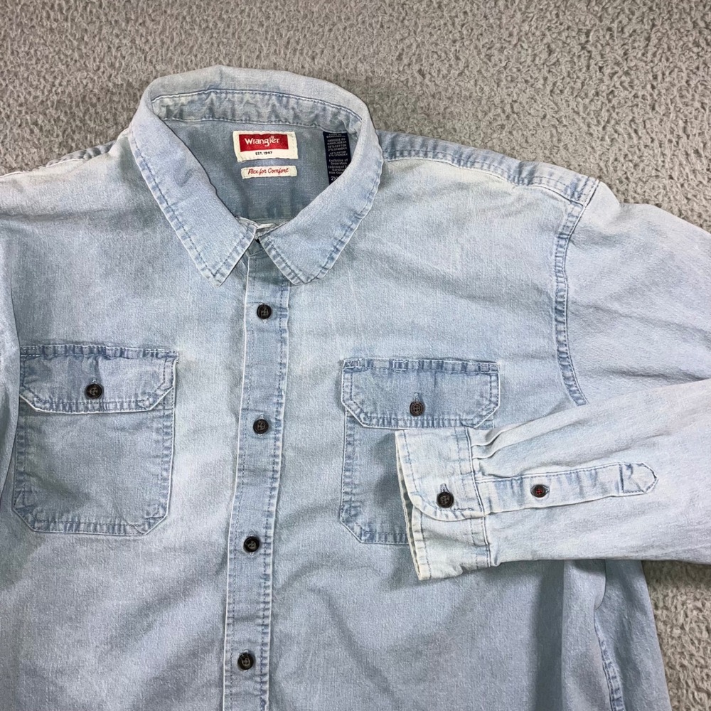 Wrangler Denim Button‎ Up Shirt Men 2XL Flex Comfort Western Stained Thrashed